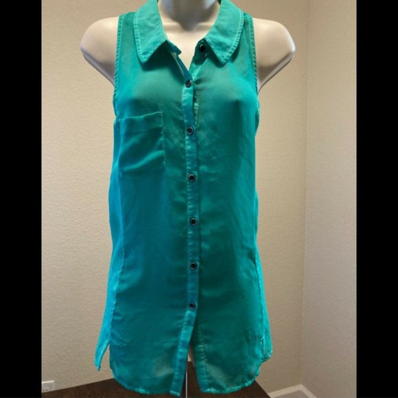 We The Free Teal Sleeveless Collared Button Up Top - Picture 1 of 5